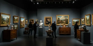 Galería de arte con diversas piezas y coleccionistas en España, simbolizando inversión en arte y coleccionables en 2026.