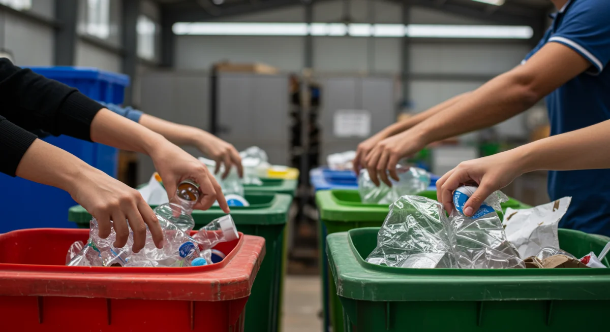 Manos clasificando residuos en contenedores de reciclaje, símbolo de gestión eficiente de materiales.
