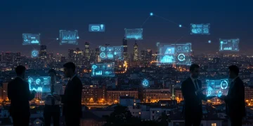 Paisaje urbano futurista español con conexiones de IA y profesionales de negocios innovando.