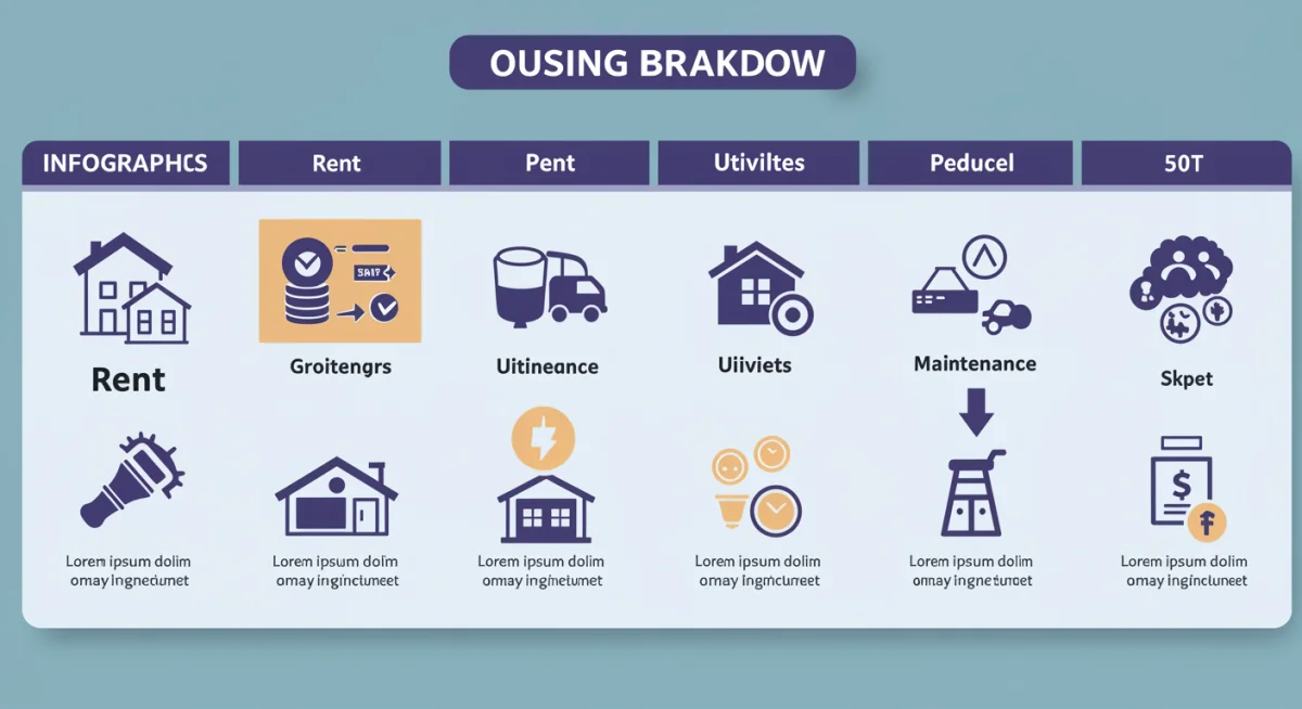 Infografía de desglose de presupuesto de vivienda con áreas destacadas para la reducción de gastos, mostrando ahorro potencial.