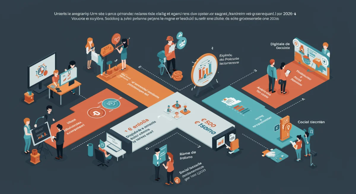 Infografía detallada sobre las categorías de ayudas estatales para autónomos en España en 2026, destacando digitalización, formación y seguridad social.