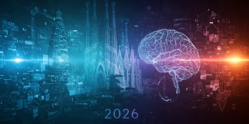 Representación futurista de innovación y tecnología con elementos españoles, simbolizando la financiación I+D+i en España 2026.