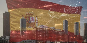 Panorama urbano futurista con elementos tecnológicos que simbolizan la inversión y el crecimiento de startups en España para 2026.