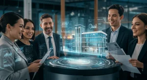 Crowdfunding inmobiliario 2026: Rentabilidad del 8% en España Inversores analizando proyectos de crowdfunding inmobiliario en España en 2026, con proyecciones holográficas de edificios modernos.