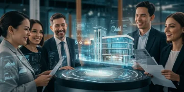 Inversores analizando proyectos de crowdfunding inmobiliario en España en 2026, con proyecciones holográficas de edificios modernos.