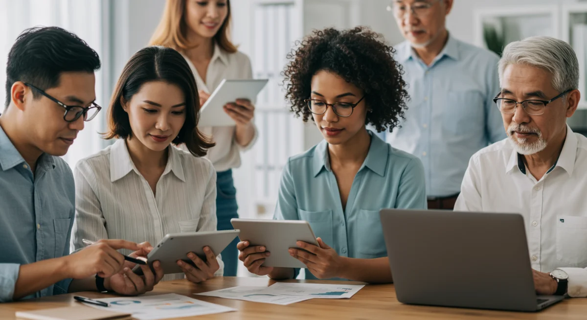 Grupo diverso de personas gestionando inversiones con tablets y ordenadores, reflejando la accesibilidad de los robo-advisors.