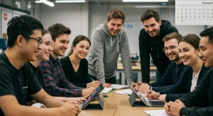 Jóvenes estudiantes de formación profesional dual colaborando en un aula moderna, con un calendario que marca febrero.