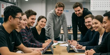 Jóvenes estudiantes de formación profesional dual colaborando en un aula moderna, con un calendario que marca febrero.