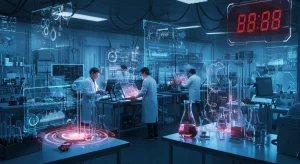 Urgente 2026: Ayudas I+D, plazo final 31 de marzo Científicos trabajando en un laboratorio futurista con tecnología avanzada, simbolizando la investigación y el desarrollo. Un reloj digital marca una fecha límite inminente.