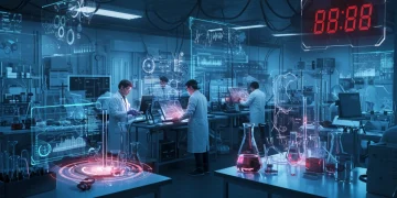 Científicos trabajando en un laboratorio futurista con tecnología avanzada, simbolizando la investigación y el desarrollo. Un reloj digital marca una fecha límite inminente.