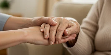 Manos de un cuidador y una persona dependiente entrelazadas, simbolizando apoyo y cuidado.