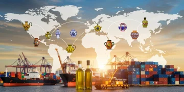 Mapa global con rutas comerciales y productos españoles exportados a mercados emergentes en 2026.