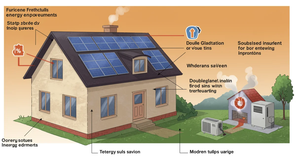 Gráfico detallado de una casa con mejoras de eficiencia energética como paneles solares y aislamiento, ilustrando las ayudas disponibles.