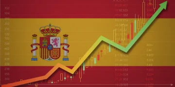 Gráfico bursátil alcista con la bandera española, representando el mercado de valores español en 2026.