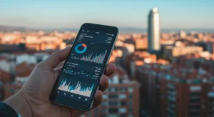Persona invirtiendo en España con un móvil, mostrando gráficos financieros