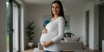 Mujer embarazada feliz en un hogar moderno, simbolizando los nuevos beneficios por maternidad en España 2026.