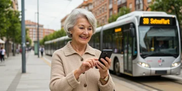 Mujer mayor sonriendo mientras consulta información de transporte público en su móvil, con autobuses y tranvías modernos de fondo en una ciudad española.