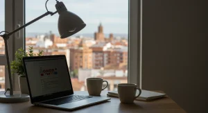 Oficina moderna en casa con vistas a una ciudad española, simbolizando el teletrabajo y la deslocalización.