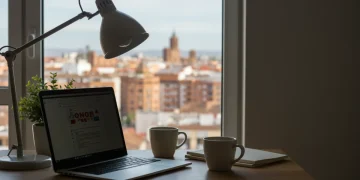 Oficina moderna en casa con vistas a una ciudad española, simbolizando el teletrabajo y la deslocalización.
