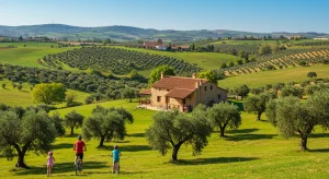 Paisaje rural español con una casa rural ecológica, familias disfrutando de actividades al aire libre, y elementos que evocan turismo sostenible y naturaleza.