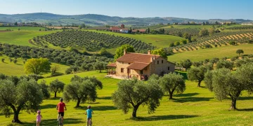 Paisaje rural español con una casa rural ecológica, familias disfrutando de actividades al aire libre, y elementos que evocan turismo sostenible y naturaleza.