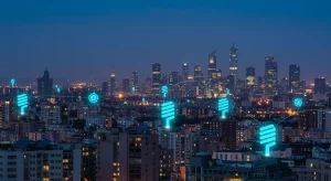 Paisaje urbano futurista al atardecer con edificios eficientes y paneles solares, simbolizando las ayudas a la eficiencia energética 2026.