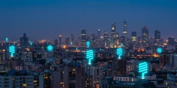 Paisaje urbano futurista al atardecer con edificios eficientes y paneles solares, simbolizando las ayudas a la eficiencia energética 2026.