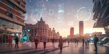 Paisaje urbano futurista de España con proyecciones digitales y personas interactuando con tecnología avanzada en 2026.
