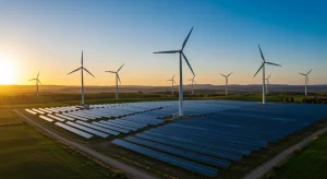 Parque solar y aerogeneradores en un paisaje español al atardecer, representando inversión en energía renovable.