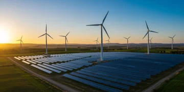 Parque solar y aerogeneradores en un paisaje español al atardecer, representando inversión en energía renovable.