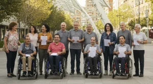 Grupo diverso de personas con discapacidad en un parque accesible en España, simbolizando el acceso a beneficios y nuevas oportunidades.