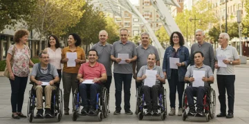Grupo diverso de personas con discapacidad en un parque accesible en España, simbolizando el acceso a beneficios y nuevas oportunidades.