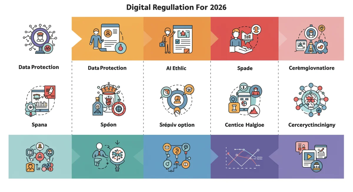 Infografía detallada sobre los pilares de las nuevas regulaciones digitales en España para 2026, incluyendo protección de datos y ciberseguridad.