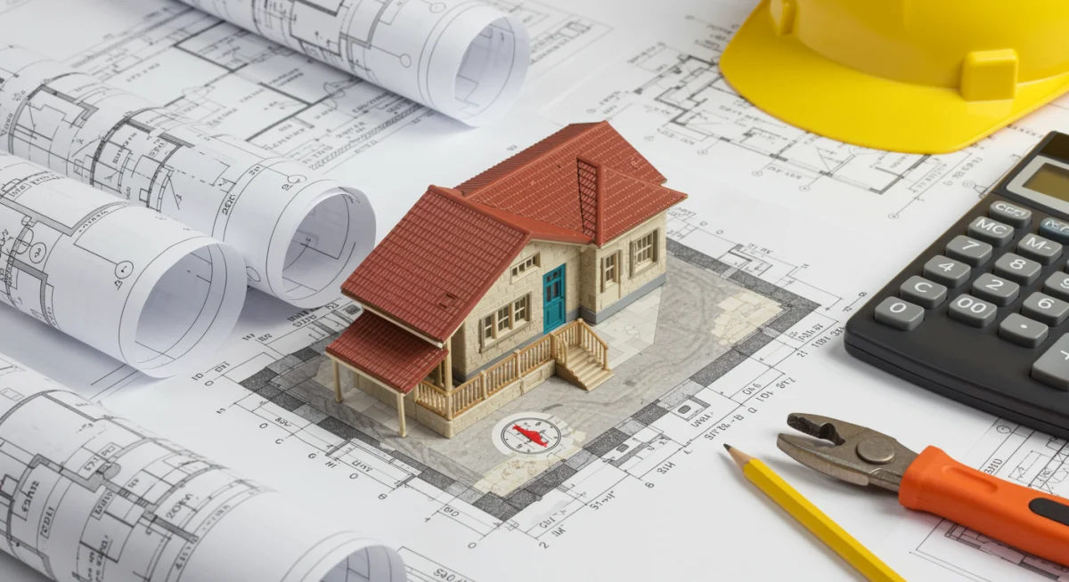 Plano arquitectónico de mejoras de eficiencia energética para una vivienda, con herramientas y calculadora.