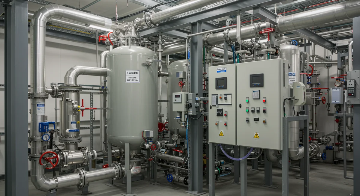 Planta de producción de hidrógeno verde con equipos de electrólisis avanzados.