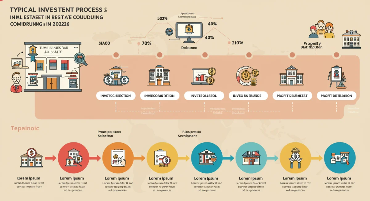 Infografía del proceso de inversión en crowdfunding inmobiliario en España para el año 2026, detallando sus fases y beneficios.