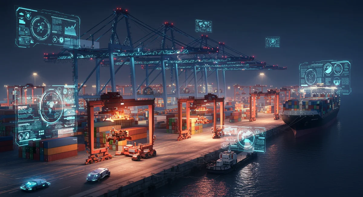 Terminal portuaria futurista con grandes buques y grúas automatizadas, simbolizando la modernización de la logística marítima.