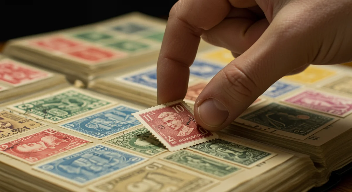 Mano colocando un sello antiguo en un álbum de coleccionista, representando la inversión en bienes coleccionables.