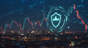 Análisis de riesgos para inversores en España 2026: Protege tu capital Skyline financiero de España con gráficos y un escudo, simbolizando la protección del capital frente a riesgos en 2026.