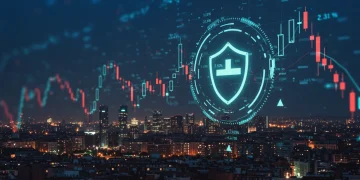 Skyline financiero de España con gráficos y un escudo, simbolizando la protección del capital frente a riesgos en 2026.