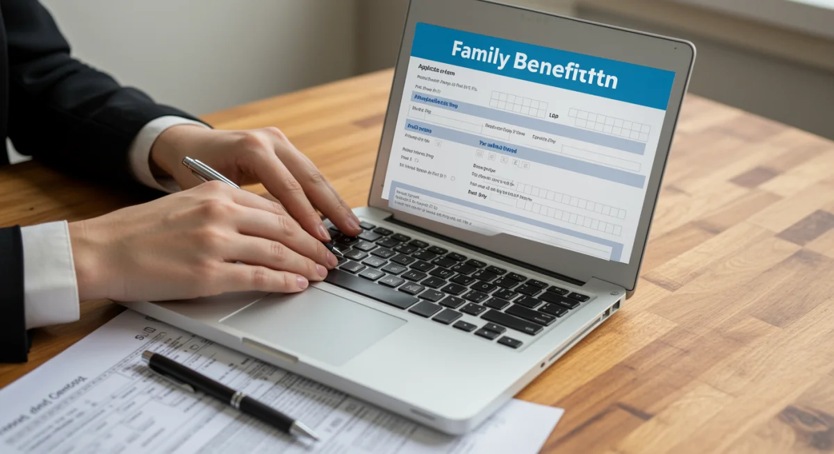 Manos rellenando una solicitud online para beneficios familiares en un ordenador portátil.