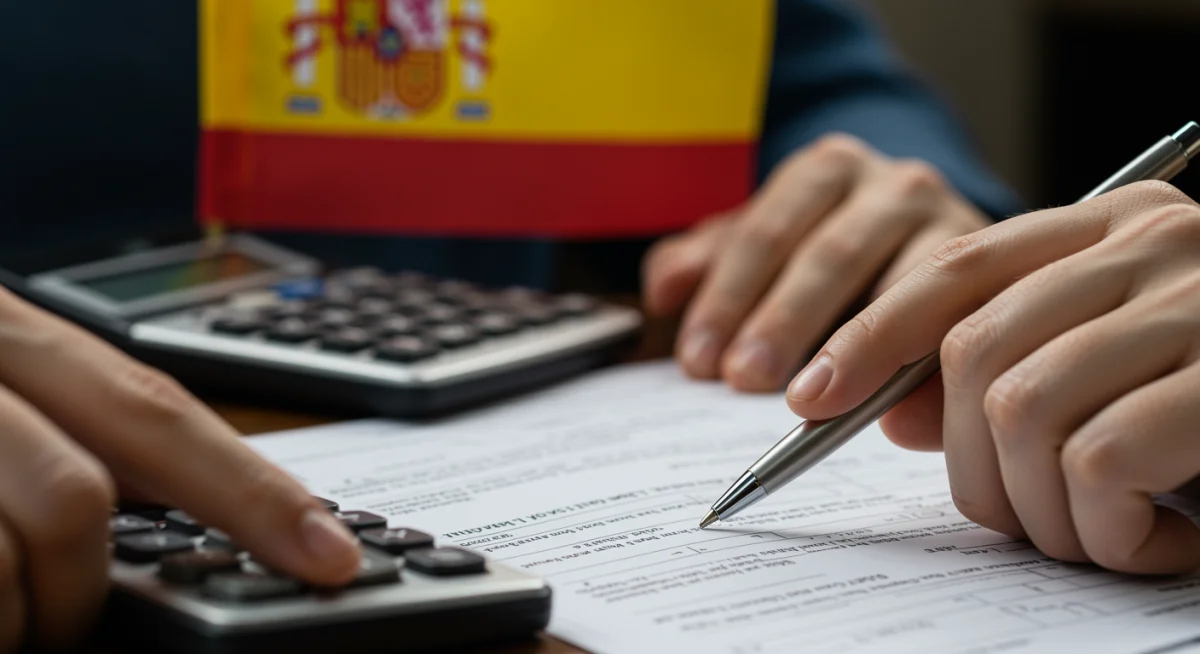 Manos rellenando un formulario de solicitud de beneficios, con una calculadora y la bandera de España de fondo, simbolizando la gestión de ayudas económicas.