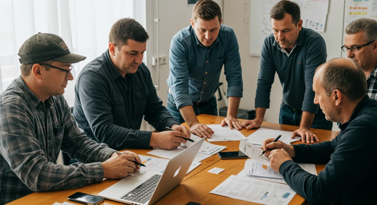 Grupo de agricultores en un taller discutiendo políticas y procedimientos de solicitud de ayudas agrícolas 2026.