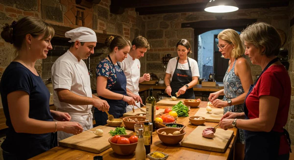 Viajeros en un taller de cocina local en un pueblo español, aprendiendo con ingredientes orgánicos, destacando el turismo gastronómico sostenible.