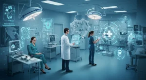 Inversión en tecnología sanitaria 2026: 4 empresas españolas clave Profesionales sanitarios y pacientes interactuando con tecnología médica avanzada en un entorno futurista.