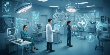 Profesionales sanitarios y pacientes interactuando con tecnología médica avanzada en un entorno futurista.