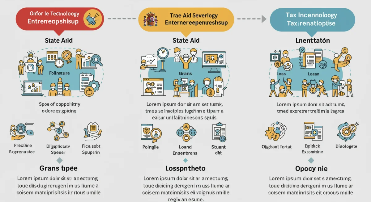 Infografía detallada sobre los diversos tipos de ayudas estatales para el emprendimiento tecnológico en España.