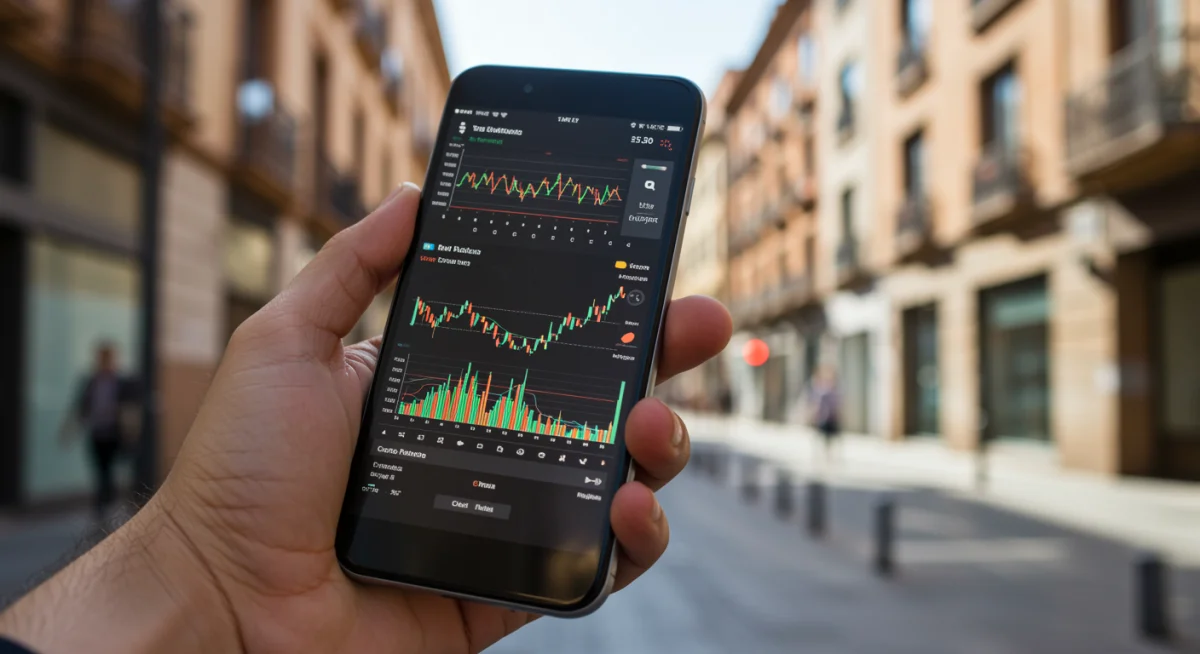 Mano sosteniendo un smartphone con aplicación de trading de criptomonedas, ilustrando la accesibilidad de la inversión.