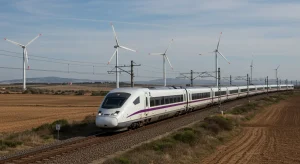 Inversión en infraestructuras en España: 3 claves para 2026 Tren de alta velocidad moderno circulando por España con aerogeneradores al fondo, representando la inversión en infraestructuras sostenibles.