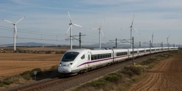 Tren de alta velocidad moderno circulando por España con aerogeneradores al fondo, representando la inversión en infraestructuras sostenibles.